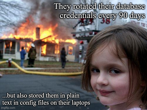 meme of girl smiling in front of burning house with joke about rotating passwords that are also kept in plain text on local machines